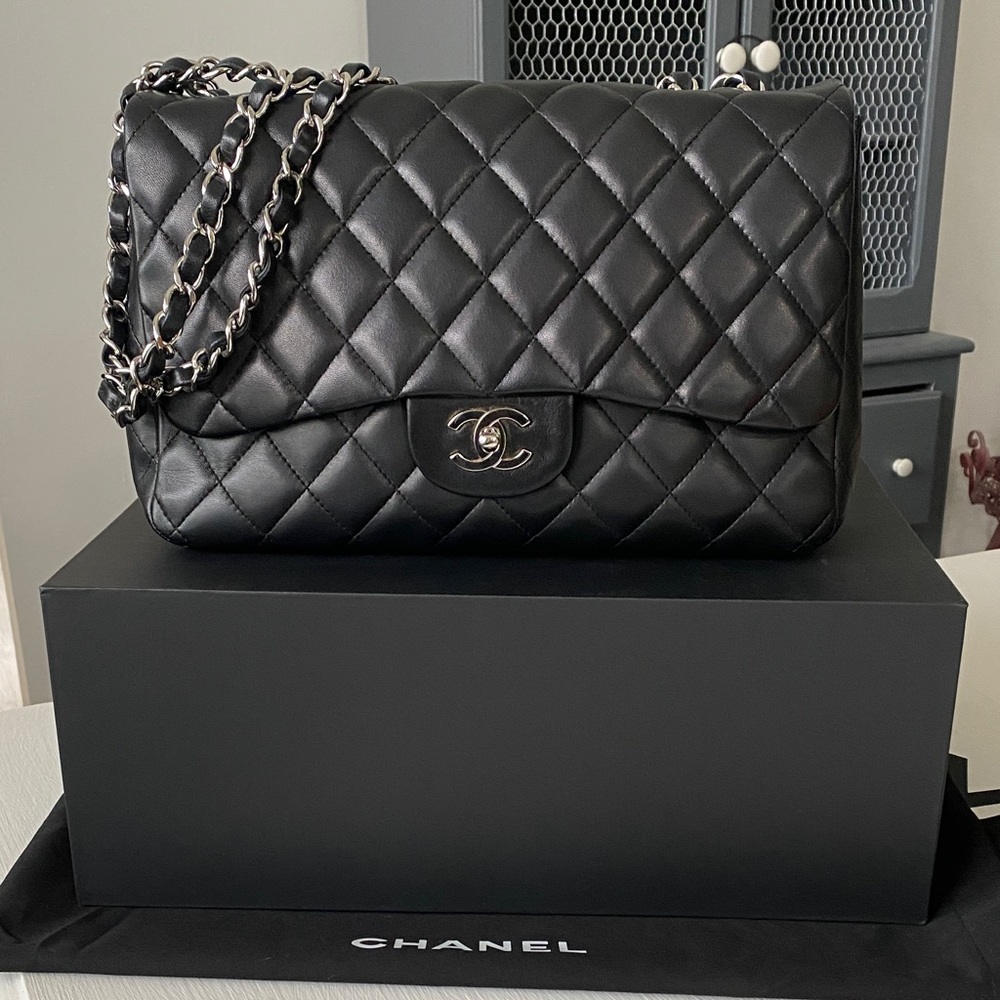 Chanel Black Jumbo Flap Lambskin Leather Silver Hardware Bag Full Set Like New
